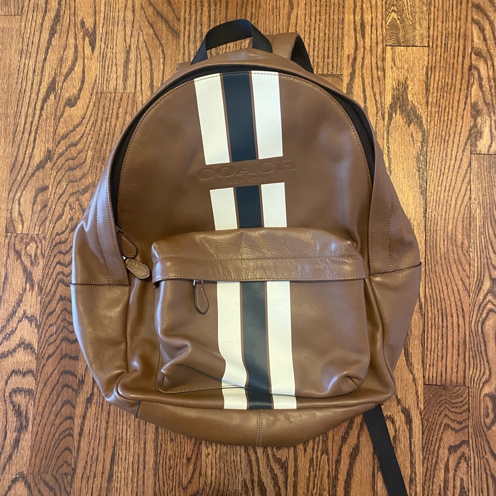Coach Tan Leather Backpack with Black and White Stripes